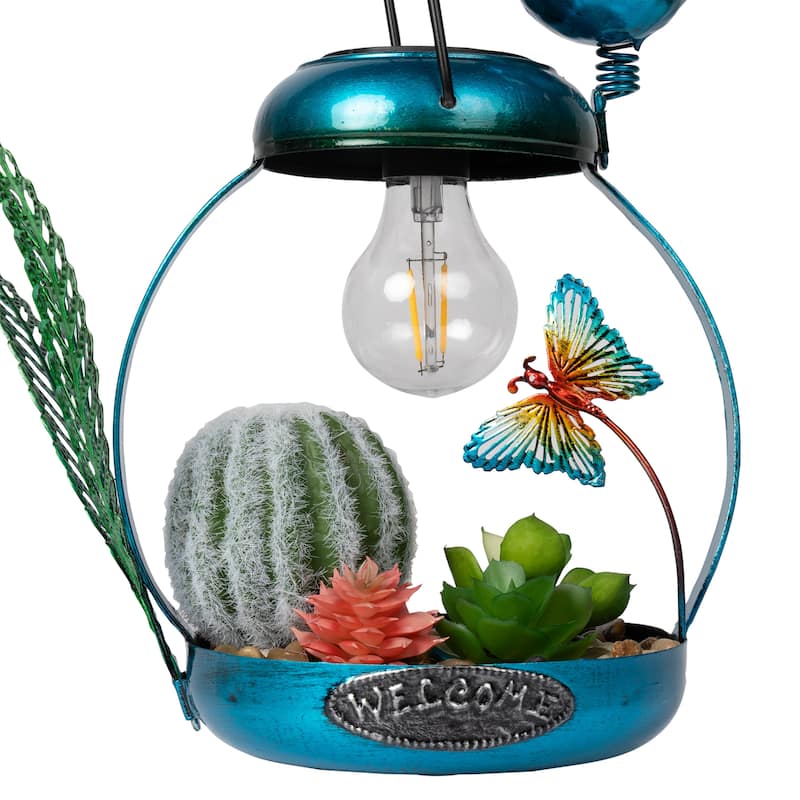 Solar Metal Silly Blue Bird with Garden and LED Decor