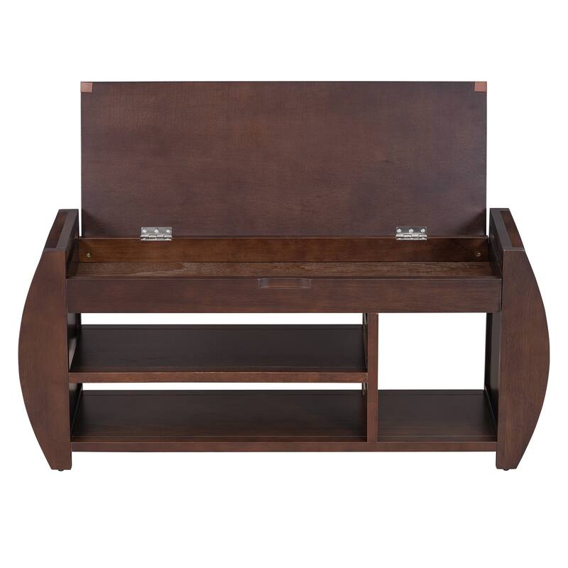 Shoe Bench 2-Tier Storage Bench with Cushion & Curved Side Holder, Wooden Panel Shoe Rack Organizer for Entryway, Living Room