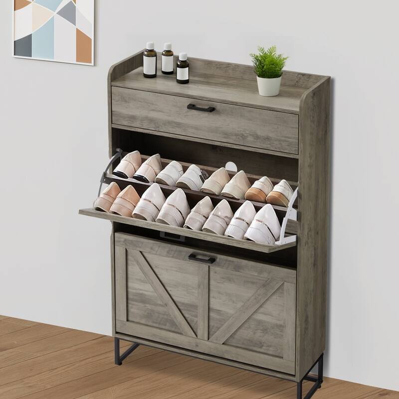 AVAWING Freestanding Farmhouse Shoe Cabinet - 2 Flip Drawers & Adjustable Shelves, Entryway Slim Storage with Side Hooks. - Oak Grey.