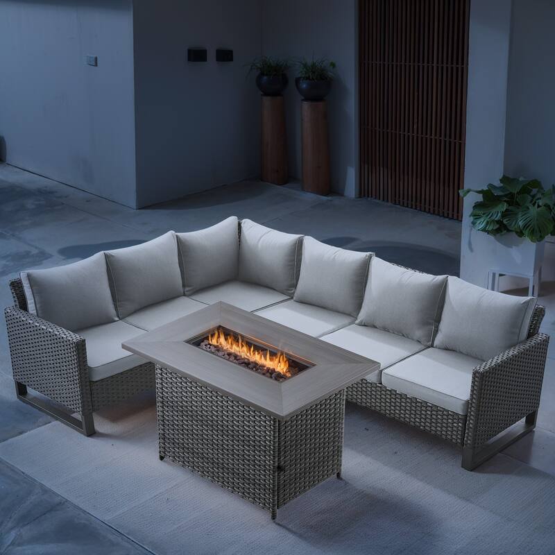 Outdoor PE Wicker Funiture with Fire Pit Table - Beige cushion - Grey - Beige - Grey