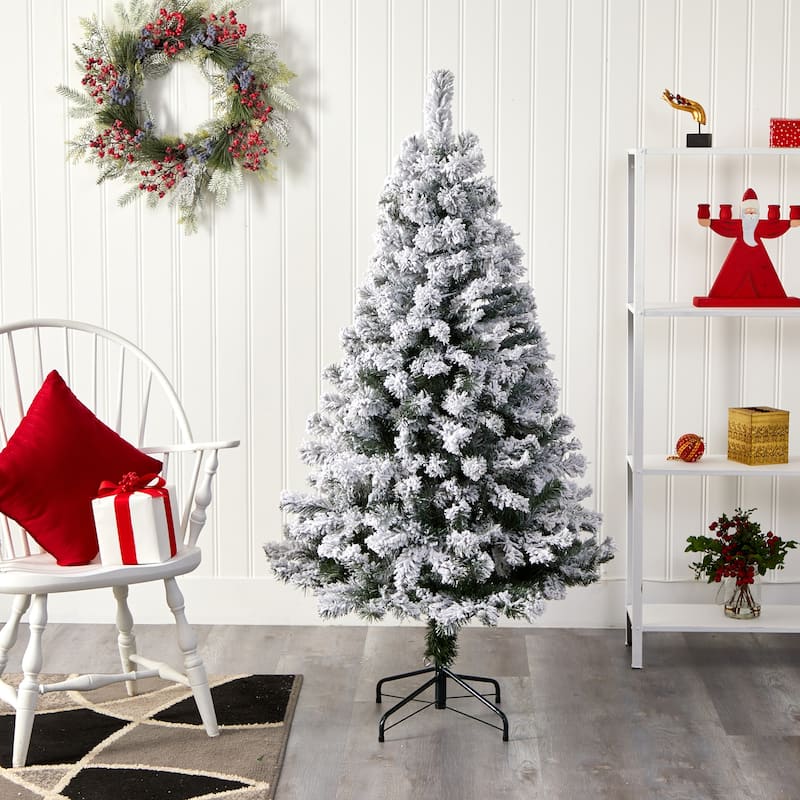 5ft. Flocked Fir Artificial Christmas Tree - Charming Snowy Seasonal Holiday X-Mas Tree