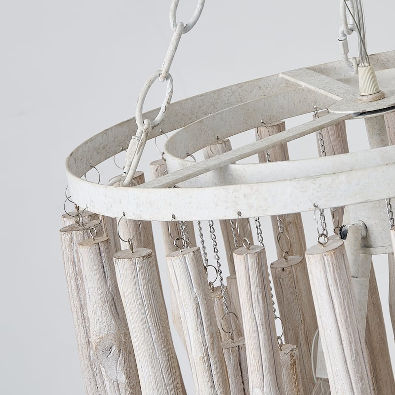 17" 4-Light Coastal 2-Tier Round Fringe White Wood Chandelier - 16.93 " D x 16.93 " W x 29.13" H