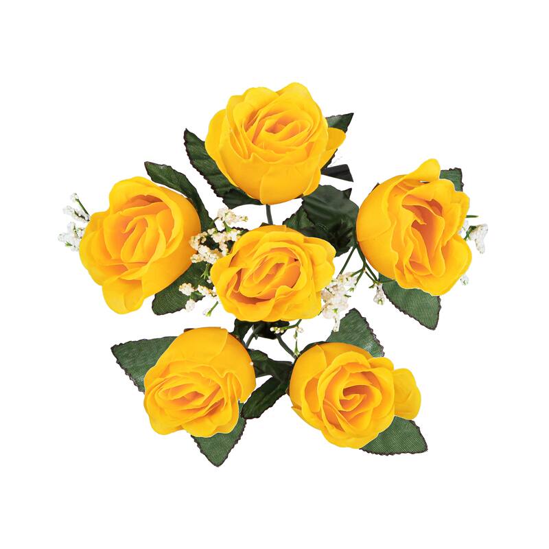 Set of 12 Yellow Artificial Rose Bud Flower Stem Bush Bouquet 14in - 14" L x 6" W x 6" DP