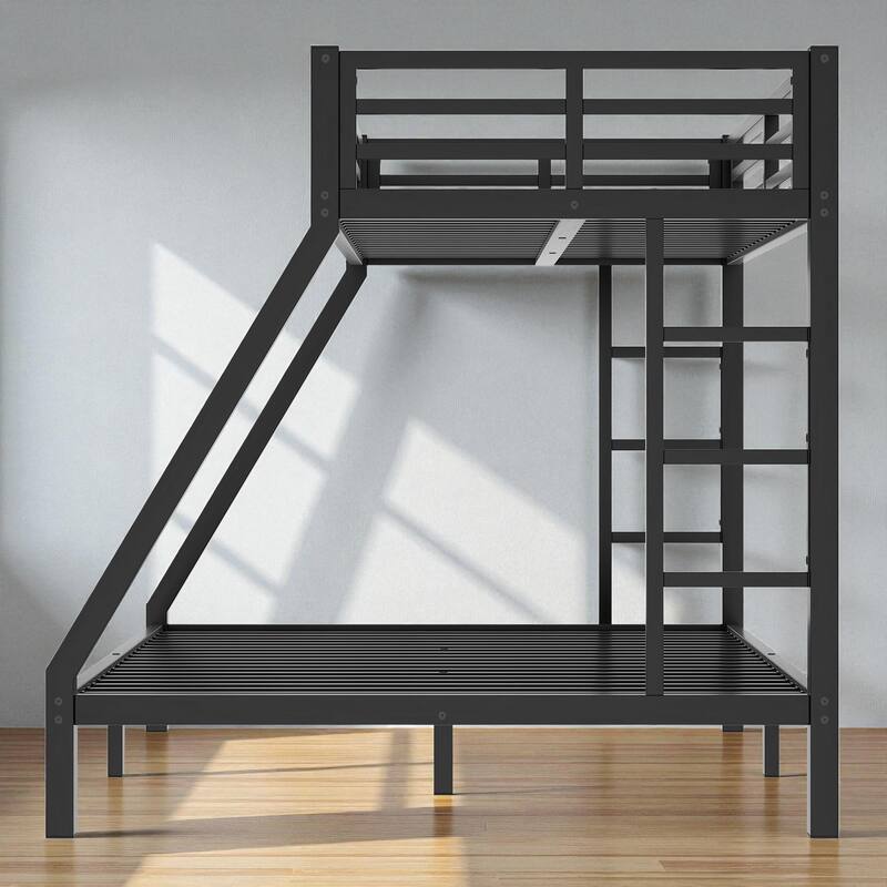 Twin XL over Queen Metal Bunk Bed Frame with Dual Ladders, Guardrails, Under-Bed Storage, and Safety Design