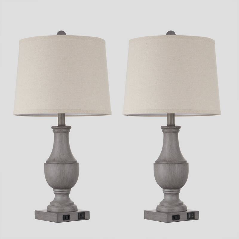 Grey Resin Table Lamps with 3-way Touch Dimming Switch USB & Type-C Charging Ports & AC Outlet (Set of 2)