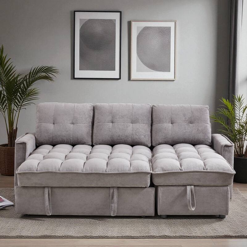 78.75" Chenille Reclining Sectional Sofa with Pull-Out Bed USB Type-C Ports Storage Chaise Modular Convertible Couch