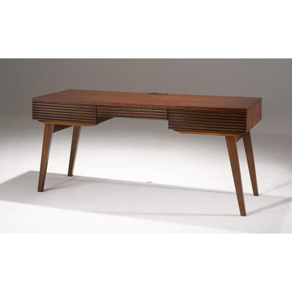 66 Mid Century Modern Writing Desk With A Cognac Finish Over Brazilian Cherry Veneers Solid Brazilian Cherry Wood Legs Overstock 32225695