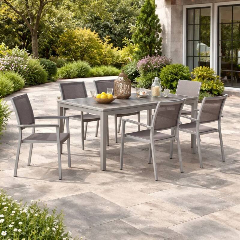 Fifi 7 Piece Dining Table Set, Gray Metal Frames, Smooth Textilene Fabric
