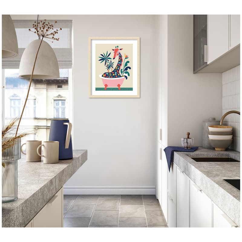 Kate and Laurel Framed Art Mid Century Modern Giraffe in Bathtub by Rachel Lee