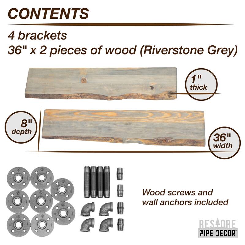 PIPE DECOR Live Edge Reclaimed Wood Shelf with Industrial Pipe Brackets, Set of 2