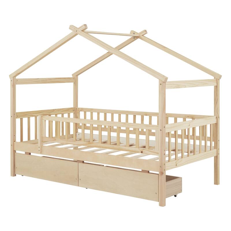 Wooden House Bed for Kids with Two Storage Drawers, Sturdy Twin Size Design