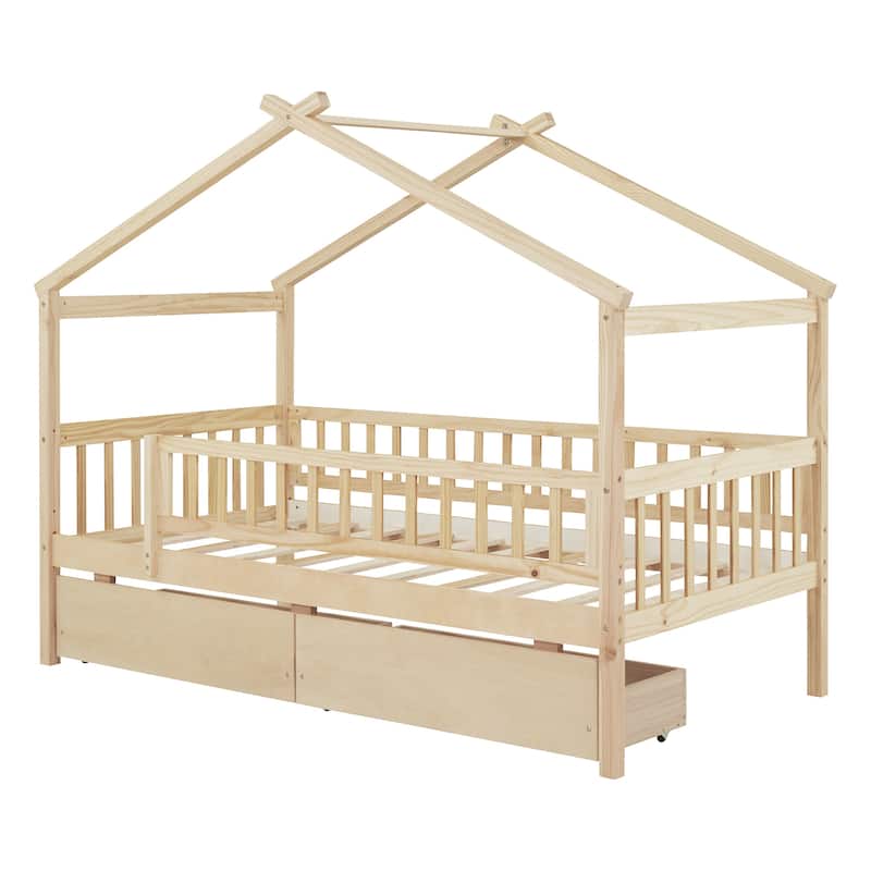 Wooden House Bed with 2 Drawers