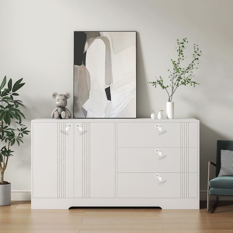 Sideboard Cabinet with 2 Doors & 3 Drawers, Kitchen Buffet Storage Cabinet, Large Coffee Bar Cabinet with Adjustable Shelves - White