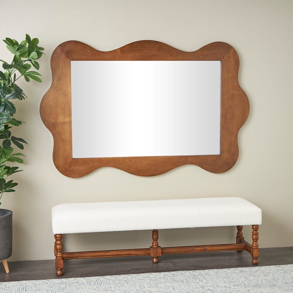 Brown Wooden Room Wall Mirror with Wide Wavy Frame