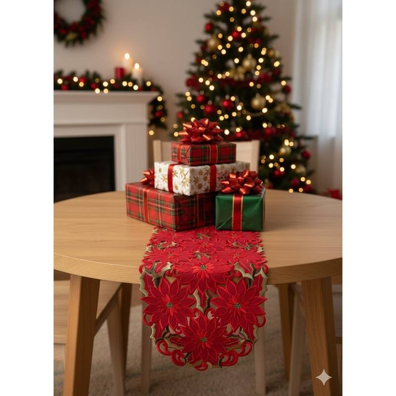 Poinsettia Embroidered Cutwork Rectangular Table Runner, 13 by 27 inch