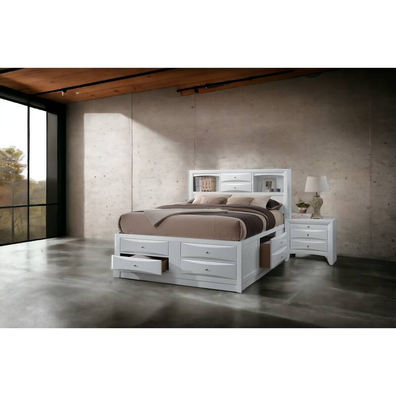 White Queen Storage Bed with 8 Drawers & Bookcase Headboard, No Box Spring Needed