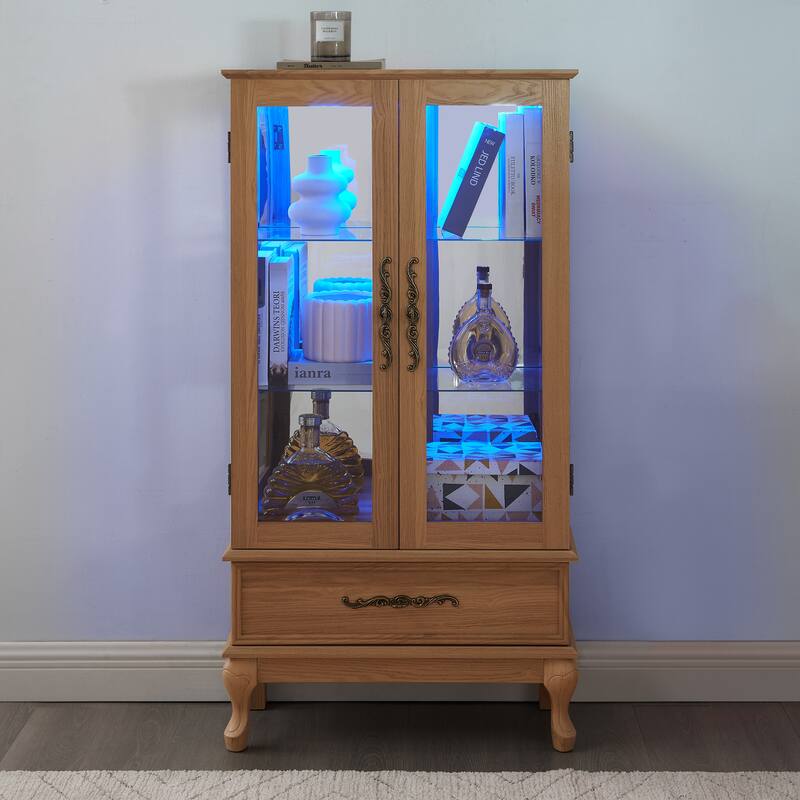 Elegant Glass Display Cabinet with Adjustable Shelves, 2 Doors, and 1 Drawer - Wine Storage Sideboard with Included Bulb