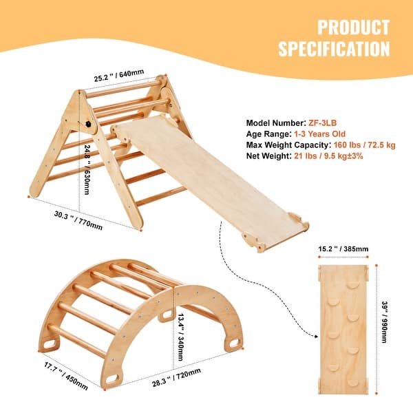 dimension image slide 2 of 4, Pikler Triangle Set, Toddler Climbing Toys Indoor Playground, Ramp, and Arch, Montessori Climbing Set with Triangle