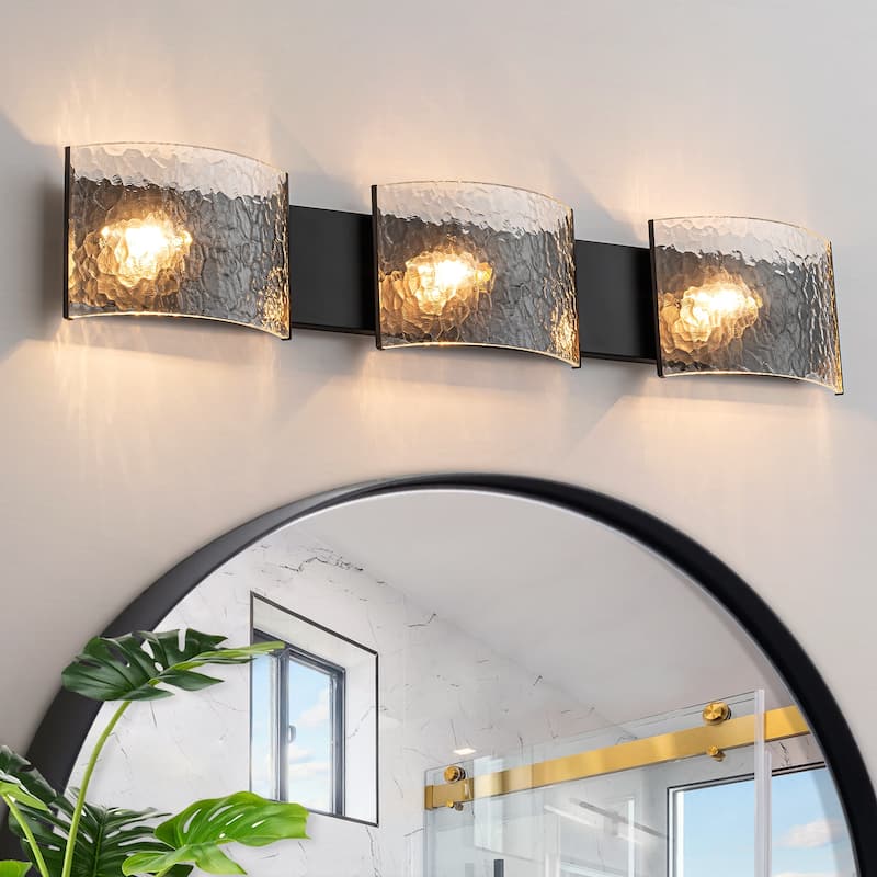 3-Light Wall Sconce with Glass Shades Modern Bathroom Vanity Light - 30" W x 2.8" D x 6" H - Black