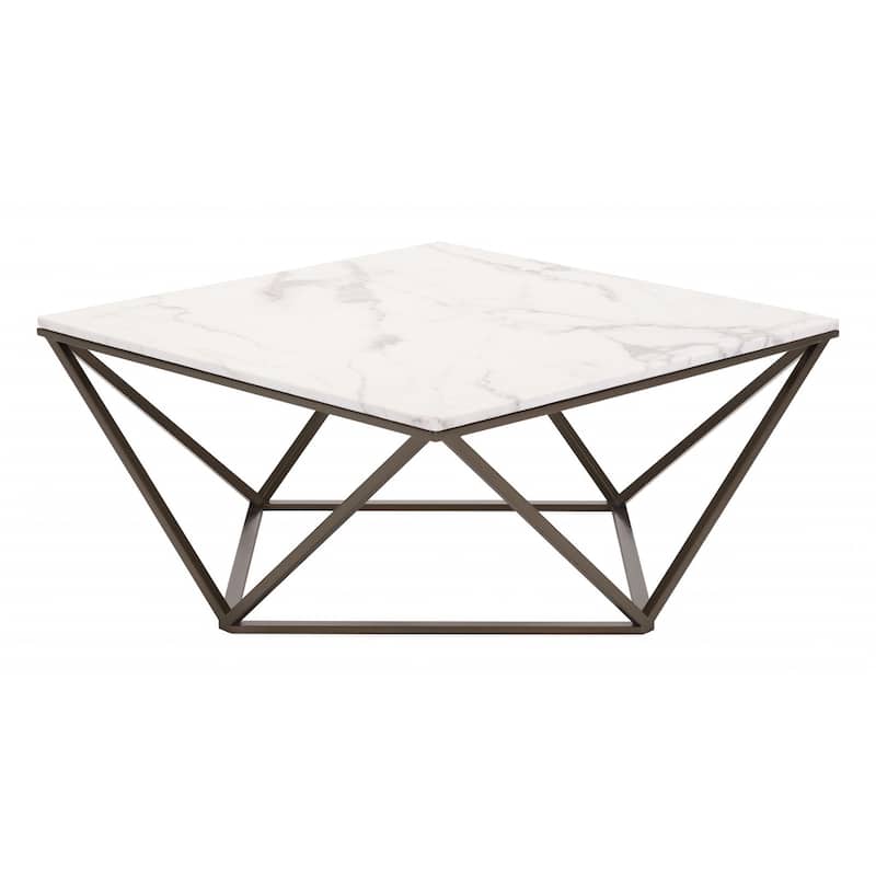 HomeRoots 36" Antique Brass And White Faux Marble Stone Coffee Table - 36