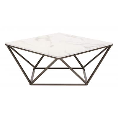 HomeRoots 36" Antique Brass And White Faux Marble Stone Coffee Table - 36