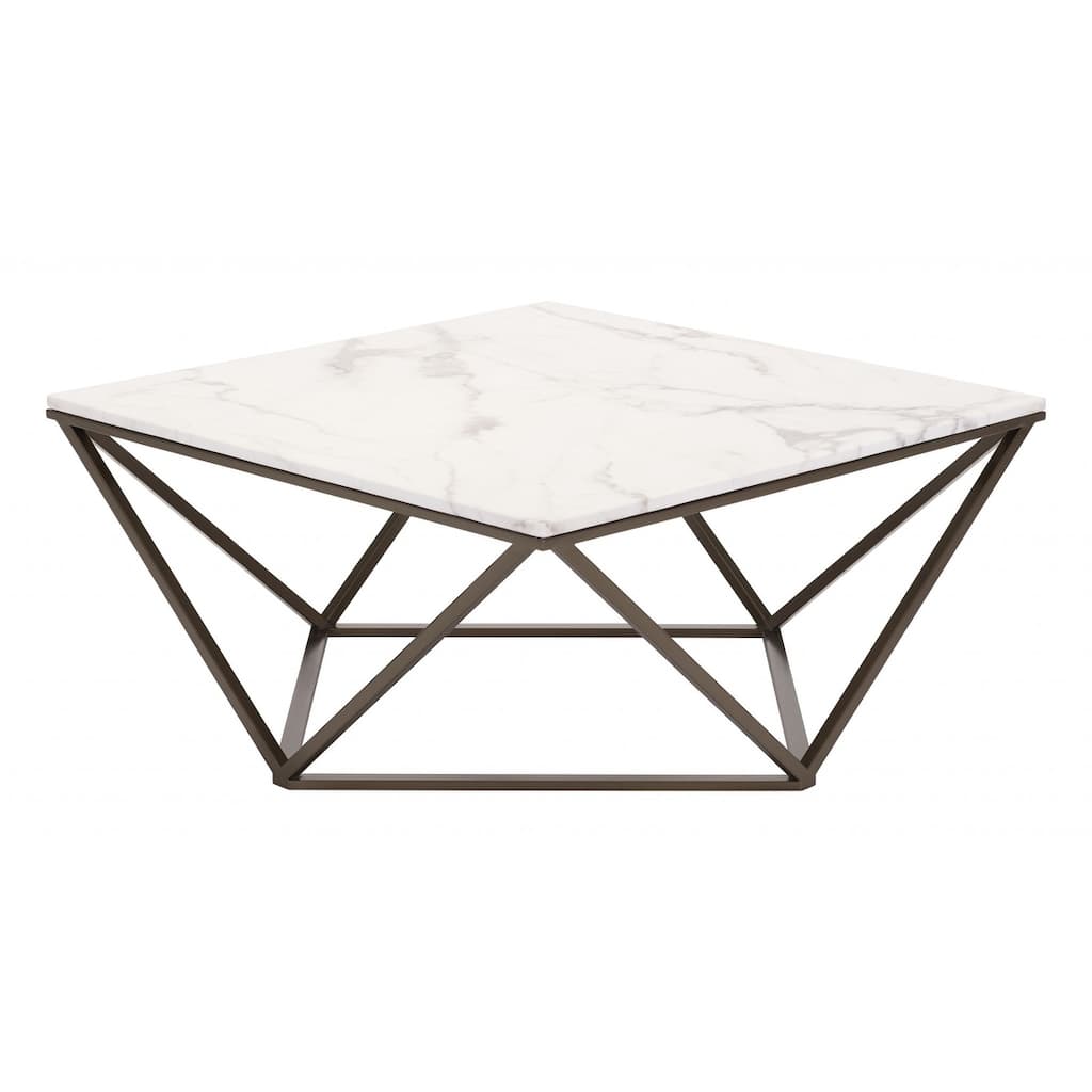 HomeRoots 36" Antique Brass And White Faux Marble Stone Coffee Table - 36
