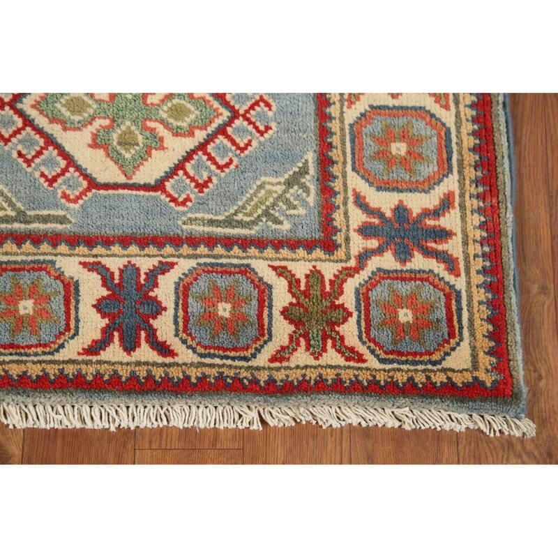 Light Blue Geometric Kazak Oriental Accent Rug Handmade Wool Carpet - 2'1"x 2'10"