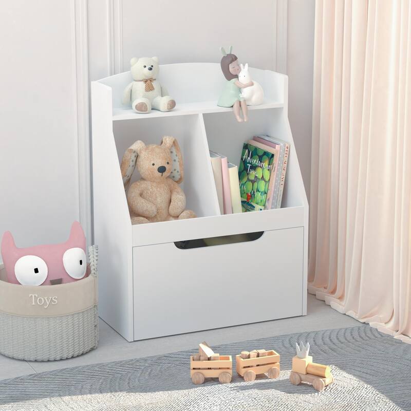 Kids Bookshelf with Drawer and Wheels, Children's Book Display, Wooden Bookcase, Toy Storage Cabinet Organizer, White