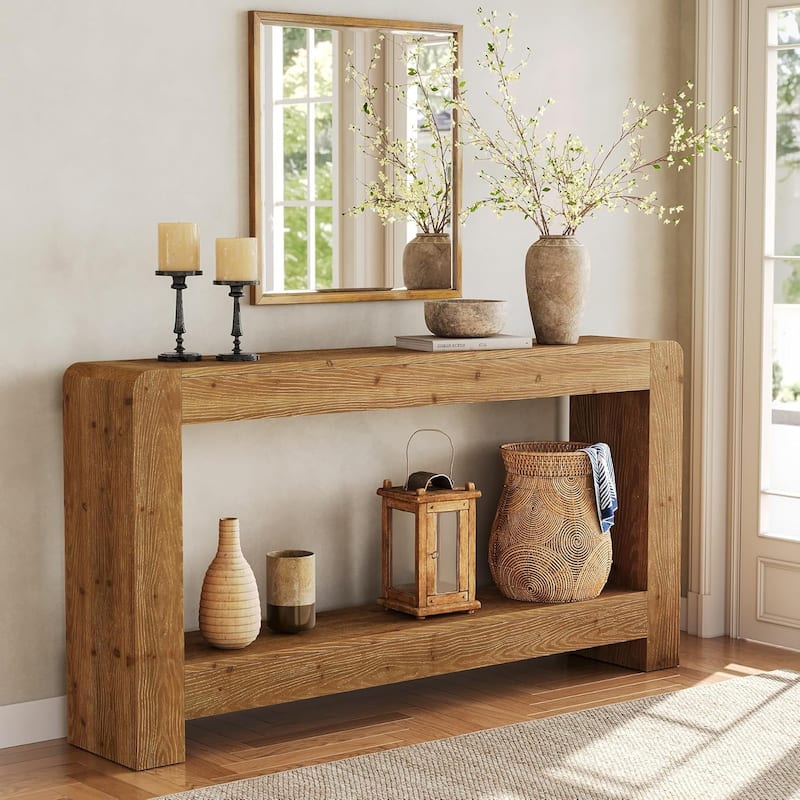 Solid Wood Console Table with Storage, 63-Inch Farmhouse Entryway Table - 62.99" L x 11.81" W x 33.46" H - Natural Wood
