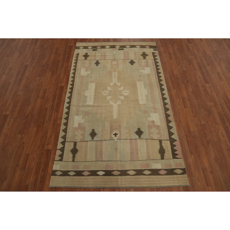 Hand Woven Oriental 100% Wool Carpet Southwestern Tribal Beige & Ivories Kilim Area Rug - 8' 2'' X 4' 8''