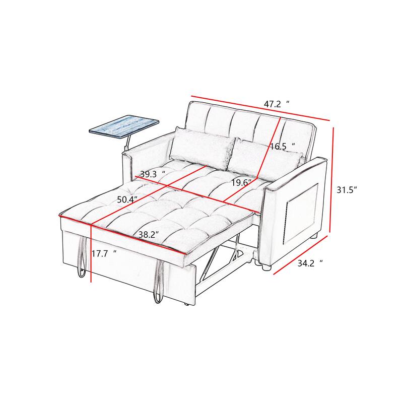 3-in-1 Sleeper Couch Pull-Out Bed, Loveseat Sofa with Adjustable Back and Pillows, Couch Settee with Storage Bag and USB Port