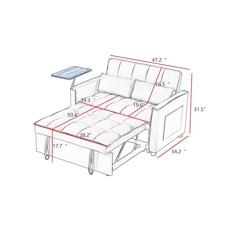 Foldable Sofa Bed with Adjustable Back, Leisure Sofa with Tufted Back, Grey Sleeper Sofa Bed with Square Armrests