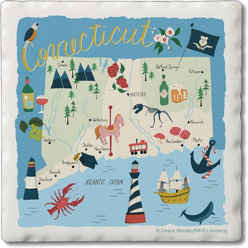 Connecticut Home 4-Pack Absorbent Stone Coasters with Protective Cork Backing 4" Square Made in The USA Easily Wipes Clean - multi
