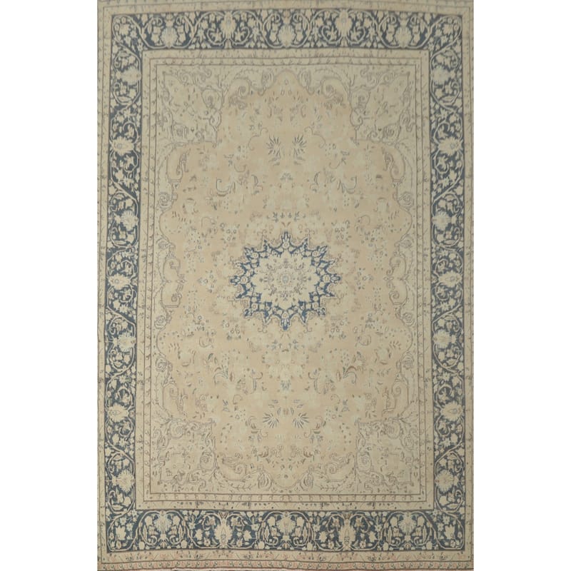Hand Knotted Oriental 100% Wool Carpet Traditional Floral Beige & Ivories Kerman Area Rug - 13' 4'' X 9' 9''