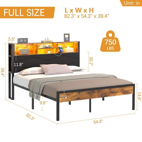 dimension image slide 2 of 3, VECELO PU Leather Smart Bed Frame with RGB LED Lights and Bookcase Storage USB Outlet Charging Headboard No Box Spring