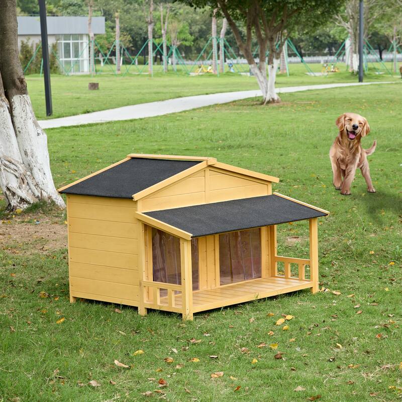 Dog House, Waterproof Dog Cage Kennel, Wooden Outdoor and Indoor Dog House, Log Cabin Style with Porch,Elevated Floor, 2 Doors