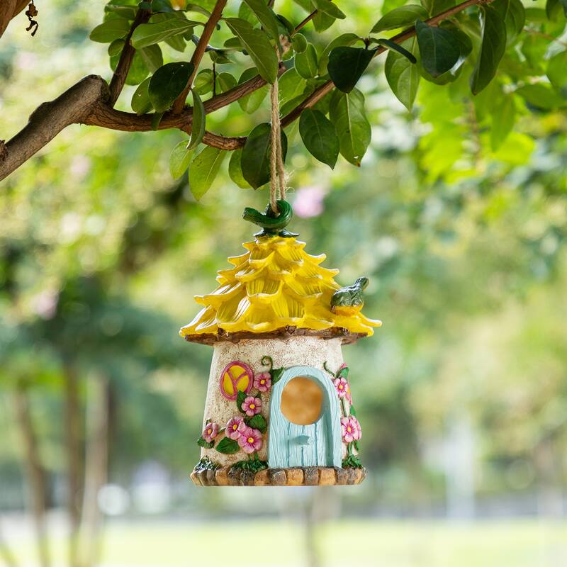 Glitzhome 9''H Resin Pink Yellow Roof Outdoor Garden Birdhouse