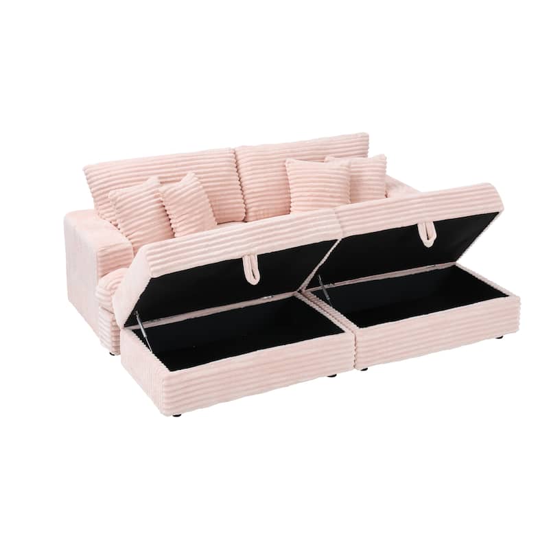 Corduroy Sleeper Sectional Sofa Loveseat Couch with 2 Storage Ottomans