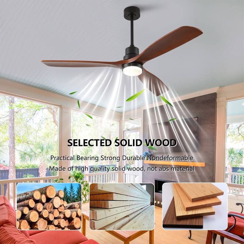60 Inch Modern Ceiling Fan With 3 Color Dimmable 3 Solide Wood Blades Remote Control Reversible DC Motor With Led Light