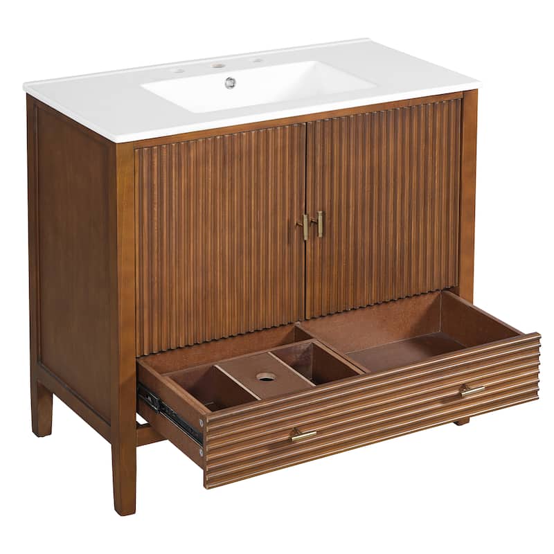 Christopher Knight Home - Mid-Century Freestanding Bathroom Vanity with Ceramic Sink, Flip-Up & Dual Drawers