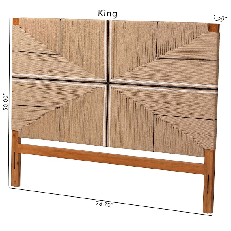 Prita Paper Loom Headboard with Mahogany Wood, Handwoven Bed Panel with Geometric Design, Boho Rustic Bedroom Accent