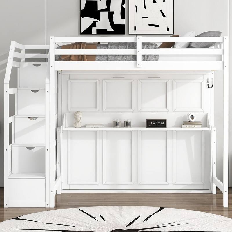 Full XL Size Loft Bed with Full Size Murphy Bed, Versatile Bunk Bed Frame with Storage Staircase and LED Light