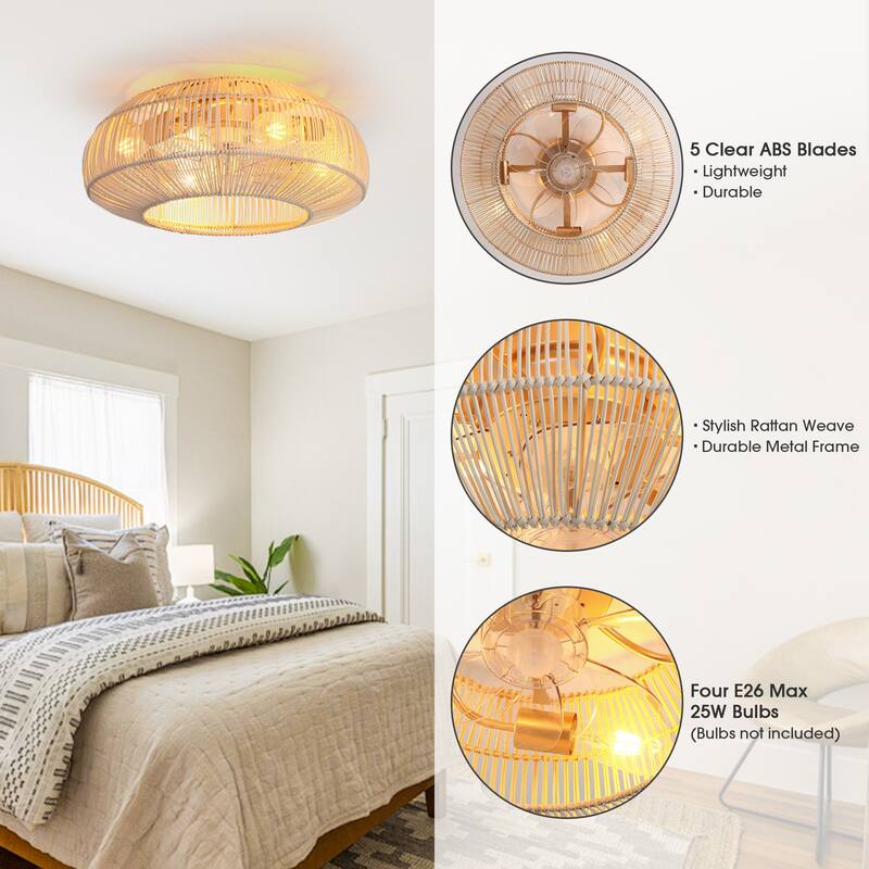 20-in Coastal Weave Rattan Gold Flush Mount Caged Ceiling Fan with Remote
