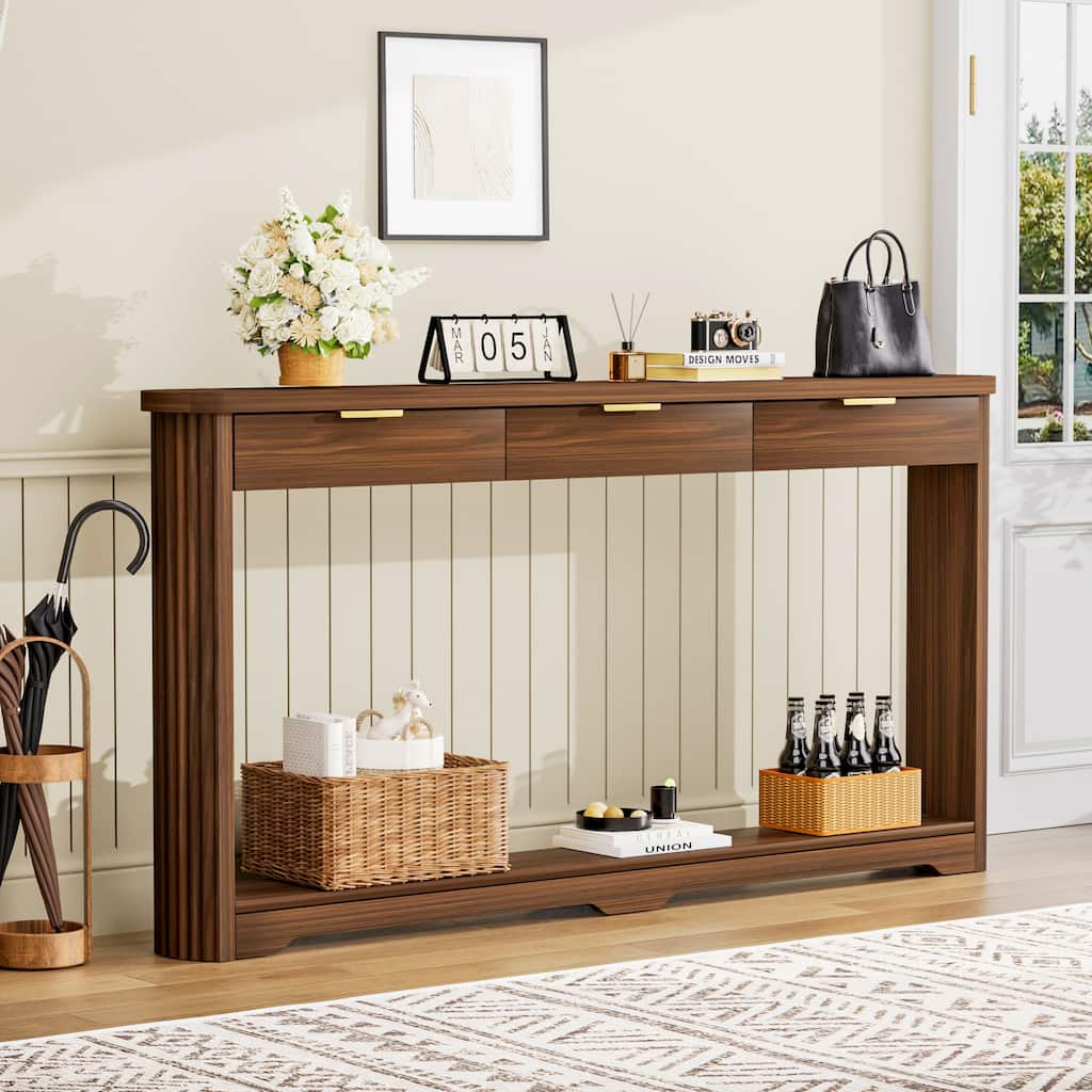 Console Table Walnut Side Table with Drawers, Sofa Table Living Room Table Entryway Table Hallway Table