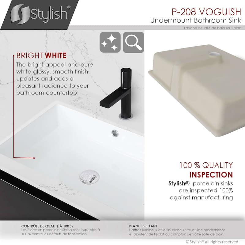STYLISH 24.5 inches Rectangular Undermount Ceramic Bathroom Sink with 2 Overflow Finishes - 24.5 " x 16.5" x 6.5"