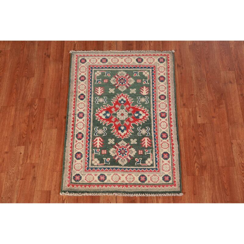 Green Geometric Kazak Oriental Accent Foyer Rug Handmade Wool Carpet - 2'0"x 3'0"