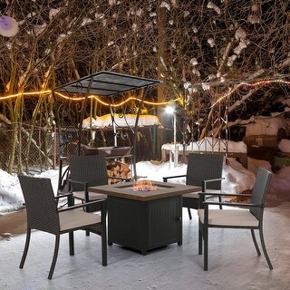 PHI VILLA 5-Piece Wood-look 50,000 BTU Gas Fire Pit Table & Rattan Cushion Chairs Patio Dining Set