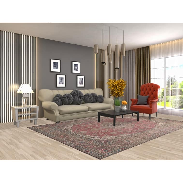 Pink Geometric Tabriz Persian Vintage Rug Hand-Knotted Wool Carpet - 6'7"x 9'8"