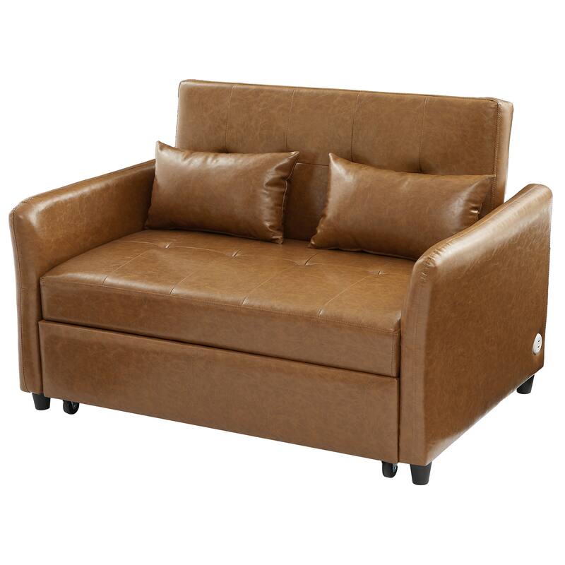 51.57" PU Convertible Sleeper Sofa with 3 USB Ports, 400lb Capacity, and Pull-Out Bed Mechanism