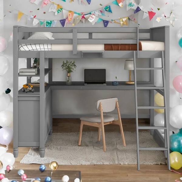 slide 2 of 55, Full size Loft Bed with Desk,Multifunctional Wooden Loft Bed with Shelves Gray